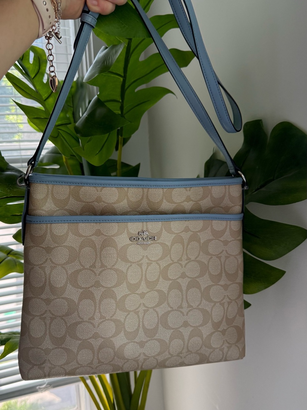 Coach Beige Signature Shoulder Bag with Light Blue Trim